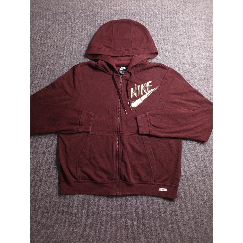Nike Hoodie Men's Medium Burgundy Full Zip Fleece Sweatshirt Gold Logo Graphic